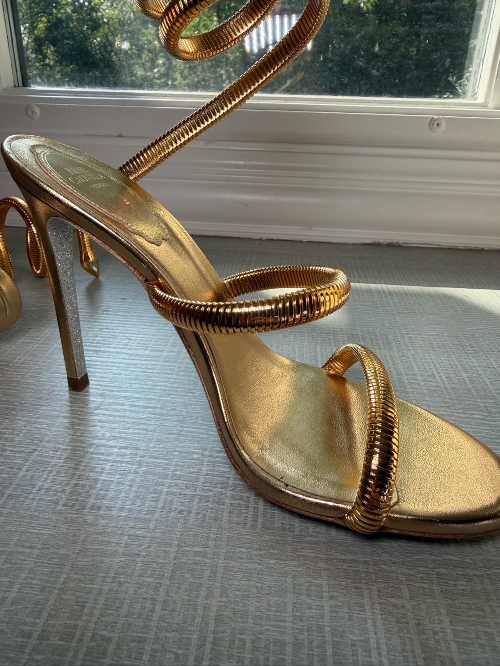 Rene Caovilla Metallic Gold Spiral Ankle-Strap Sandals - Picture 11 of 13
